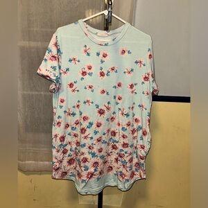 Cherish Large Floral Print Blue Cuffed Mini Short Sleeve Tee Shirt Dress Pockets